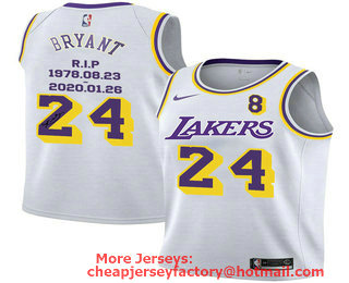 Men's Los Angeles Lakers #24 Kobe Bryant White R.I.P Signature Swingman Jersey