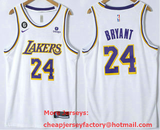 Men's Los Angeles Lakers #24 Kobe Bryant White With 6 Patch Stitched Jersey With Sponsor