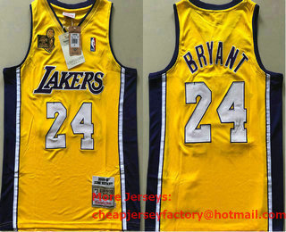 Men's Los Angeles Lakers #24 Kobe Bryant Yellow Champion Patch 2009-2010 Hardwood Classics Soul AU Throwback Jersey