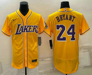 Men's Los Angeles Lakers #24 Kobe Bryant Yellow Cool Base Stitched Baseball Jersey