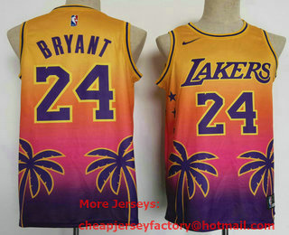 Men's Los Angeles Lakers #24 Kobe Bryant Yellow Floral Laser Printing Throwback Jersey