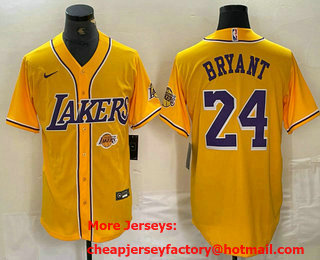 Men's Los Angeles Lakers #24 Kobe Bryant Yellow Purple With Patch Cool Base Stitched Baseball Jersey 01