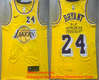 Men's Los Angeles Lakers #24 Kobe Bryant Yellow R.I.P Signed AU Jerseys