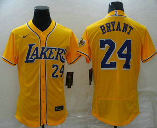 Men's Los Angeles Lakers #24 Kobe Bryant Number Yellow Stitched Flex Base Nike Baseball Jersey