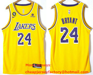 Men's Los Angeles Lakers #24 Kobe Bryant Yellow With 6 Patch Stitched Jersey With Sponsor