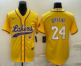 Men's Los Angeles Lakers #24 Kobe Bryant Yellow With Patch Cool Base Stitched Baseball Jersey 02