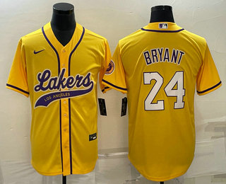 Men's Los Angeles Lakers #24 Kobe Bryant Yellow With Patch Cool Base Stitched Baseball Jersey 03