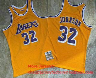 Men's Los Angeles Lakers #32 Magic Johnson 1984-85 Yellow Hardwood Classics Soul AU Throwback Jersey