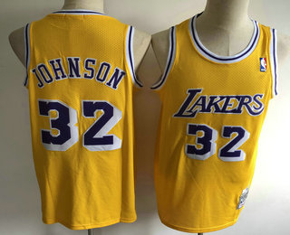 Men's Los Angeles Lakers #32 Magic Johnson 1984-85 Yellow Hardwood Classics Soul Swingman Throwback Jersey