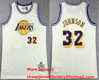 Men's Los Angeles Lakers #32 Magic Johnson Cream Chainstitch Throwback Swingman Jersey