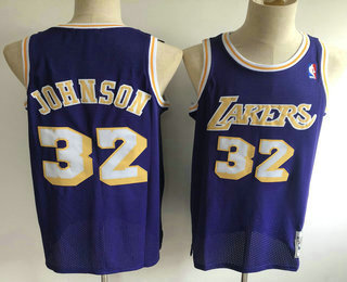 Men's Los Angeles Lakers #32 Magic Johnson Purple Hardwood Classics Soul Swingman Throwback Jersey 1