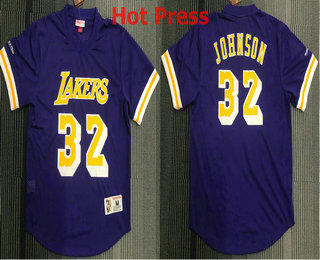 Men's Los Angeles Lakers #32 Magic Johnson Purple Short Sleeved Hot Press Swingman Throwback Jersey