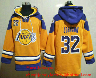 Men's Los Angeles Lakers #32 Magic Johnson Yellow Ageless Must Have Lace Up Pullover Hoodie