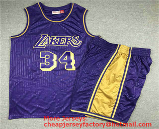 Men's Los Angeles Lakers #34 Shaquille O'neal 1996-97 Purple Hardwood Classics Soul Swingman Throwback Jersey With Shorts