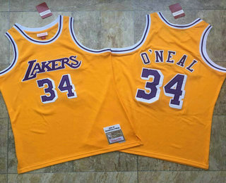 Men's Los Angeles Lakers #34 Shaquille O'neal 1996-97 Yellow Hardwood Classics Soul AU Throwback Jersey