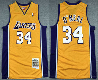 Men's Los Angeles Lakers #34 Shaquille O'neal 1999-00 Yellow Hardwood Classics Soul Swingman Throwback V Neck Jersey