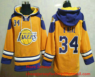 Men's Los Angeles Lakers #34 Shaquille ONeal Yellow Ageless Must Have Lace Up Pullover Hoodie