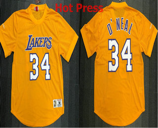 Men's Los Angeles Lakers #34 Shaquille Oneal Yellow Short Sleeved Hot Press Swingman Throwback Jersey