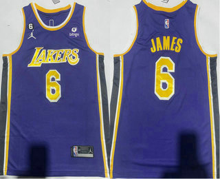 Men's Los Angeles Lakers #6 LeBron James Purple Jordan 6 Patch 2021 Stitched Jersey With Sponsor