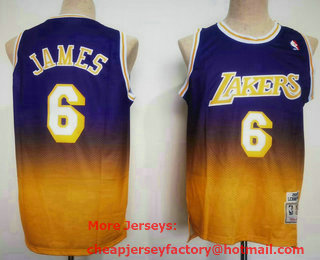 Men's Los Angeles Lakers #6 LeBron James Purple Yellow Hardwood Classics Soul Swingman Throwback Jersey