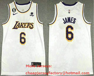 Men's Los Angeles Lakers #6 LeBron James White 6 Patch Stitched Jersey With Sponsor