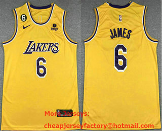 Men's Los Angeles Lakers #6 LeBron James Yellow 6 Patch Icon Sponsor Swingman Jersey