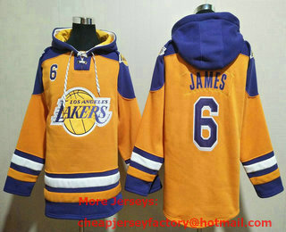 Men's Los Angeles Lakers #6 LeBron James Yellow Ageless Must Have Lace Up Pullover Hoodie