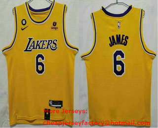 Men's Los Angeles Lakers #6 LeBron James Yellow With No 6 Patch Stitched Jersey