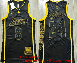 Men's Los Angeles Lakers #8 #24 Kobe Bryant Black Golden Retired Commemorative Soul AU Jersey
