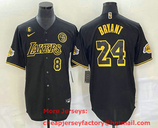 Men's Los Angeles Lakers #8 #24 Kobe Bryant Black With Patch Cool Base Stitched Baseball Jersey 01