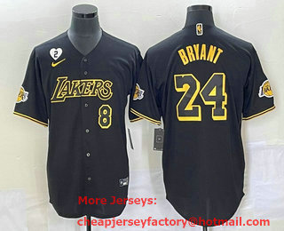 Men's Los Angeles Lakers #8 #24 Kobe Bryant Black With Patch Cool Base Stitched Baseball Jersey 02