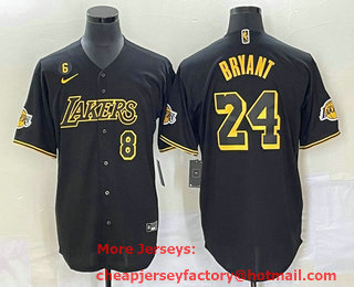 Men's Los Angeles Lakers #8 #24 Kobe Bryant Black With Patch Cool Base Stitched Baseball Jersey 03