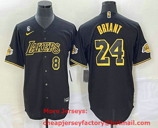 Men's Los Angeles Lakers #8 #24 Kobe Bryant Black With Patch Cool Base Stitched Baseball Jersey 04