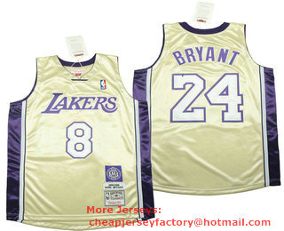 Men's Los Angeles Lakers #8 #24 Kobe Bryant Gold 1996-2016 The Hall of Fame Throwback Jersey