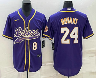 Men's Los Angeles Lakers #8 #24 Kobe Bryant Number Purple With Patch Cool Base Stitched Baseball Jersey 01