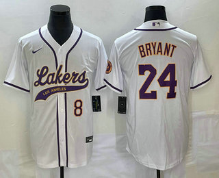 Men's Los Angeles Lakers #8 #24 Kobe Bryant White Cool Base Stitched Baseball Jersey