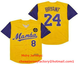 Men's Los Angeles Lakers #8 #24 Kobe Bryant Yellow Purple Mamba 1978 2020 Baseball Jersey