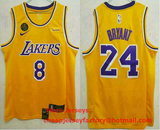 Men's Los Angeles Lakers #8 #24 Kobe Bryant Yellow With KB Patch 2020 Nike Wish Swingman Stitched NBA Jersey