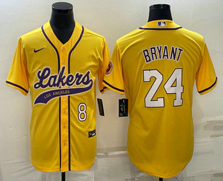 Men's Los Angeles Lakers #8 #24 Kobe Bryant Yellow With Patch Cool Base Stitched Baseball Jersey 04