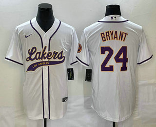 Men's Los Angeles Lakers #8 Kobe Bryant White Cool Base Stitched Baseball Jersey 01