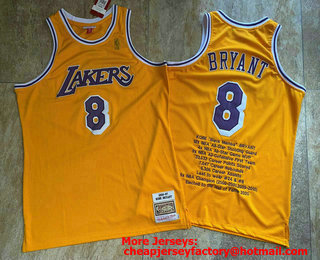 Men's Los Angeles Lakers #8 Kobe Bryant Yellow 1996-97 Hardwood Classics Soul AU Throwback Jersey