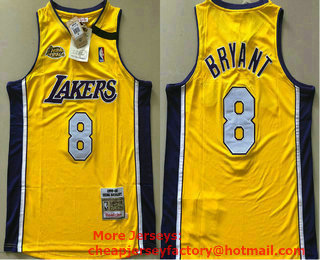 Men's Los Angeles Lakers #8 Kobe Bryant Yellow Champion Patch 1999-00 Hardwood Classics Soul AU Throwback Jersey