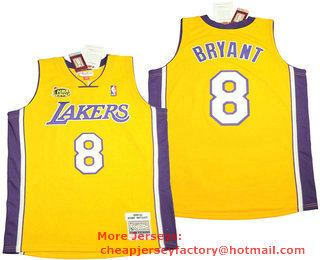 Men's Los Angeles Lakers #8 Kobe Bryant Yellow Finals Patch 1999-00 Hardwood Classics Soul Swingman Throwback Jersey