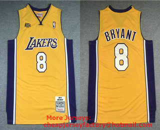 Men's Los Angeles Lakers #8 Kobe Bryant Yellow Finals Patch 2000-01 Hardwood Classics Soul Swingman Throwback Jersey
