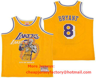 Men's Los Angeles Lakers #8 Kobe Bryant Yellow Hardwood Classics Skull Edition Jersey