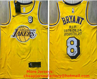 Men's Los Angeles Lakers #8 Kobe Bryant Yellow R.I.P Signed AU Jerseys