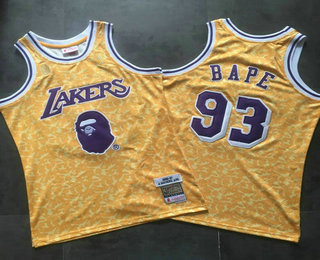 Men's Los Angeles Lakers #93 Bape Mitchell & Ness x BAPE Yellow AU Swingman ALL Stitched Jersey