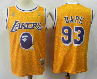 Men's Los Angeles Lakers #93 Bape Mitchell & Ness x BAPE Yellow Swingman Jersey