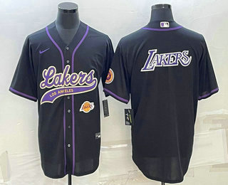 Men's Los Angeles Lakers Black Big Logo With Patch Cool Base Stitched Baseball Jersey 01