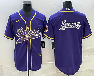 Men's Los Angeles Lakers Purple Big Logo Cool Base Stitched Baseball Jersey 02
